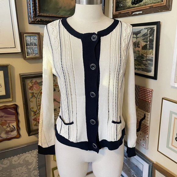 Talbots Petites Womens Black & White Cotton Button Front Cardigan Sweater Size L - Picture 2 of 6